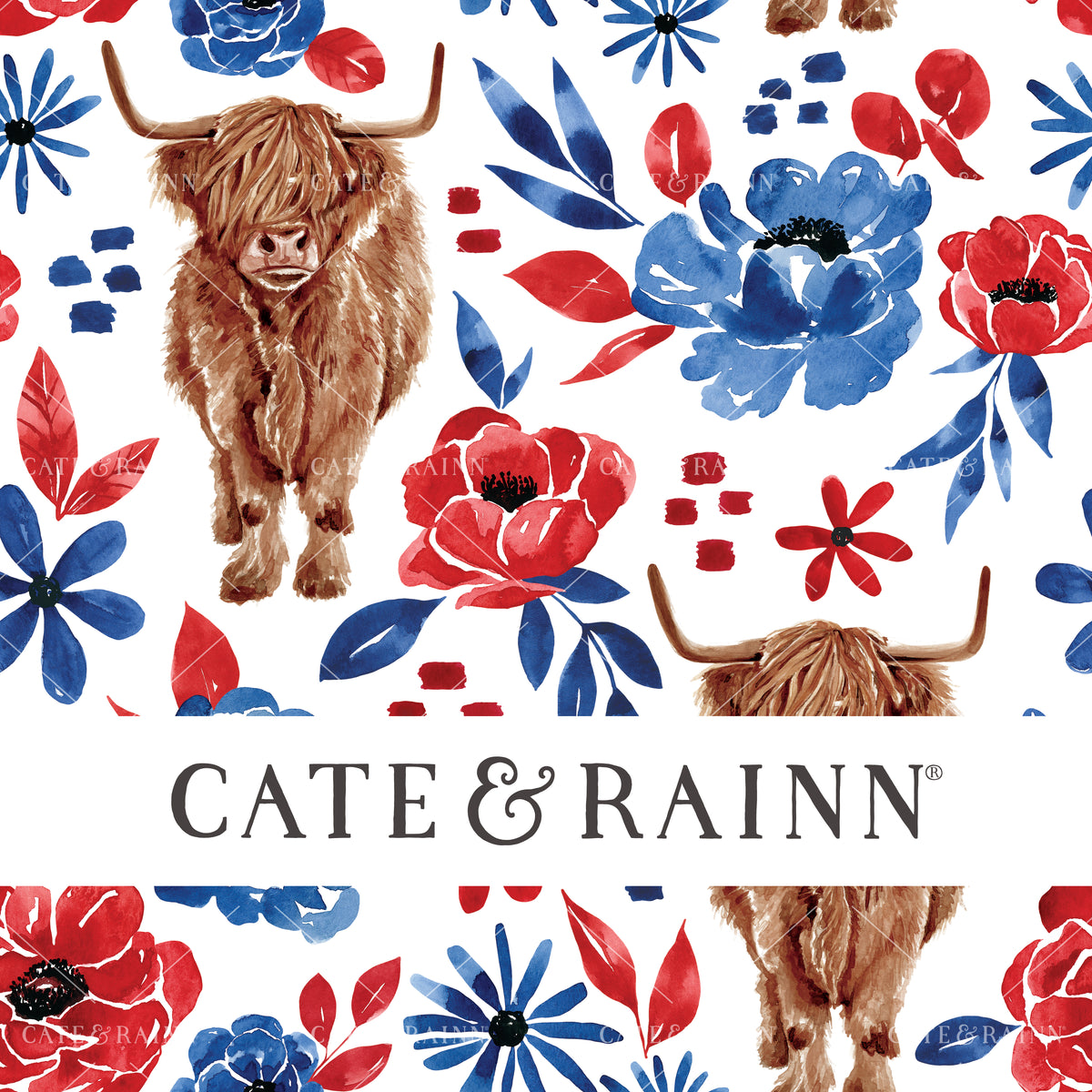 Patriotic Highland Cow Floral Seamless Pattern | Patriotic Collection