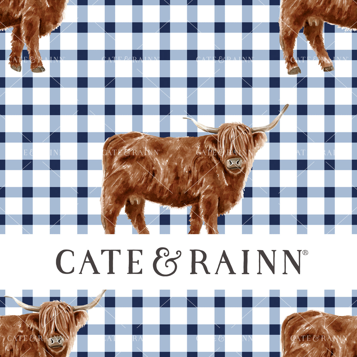Blue and White Gingham with Highland Cow