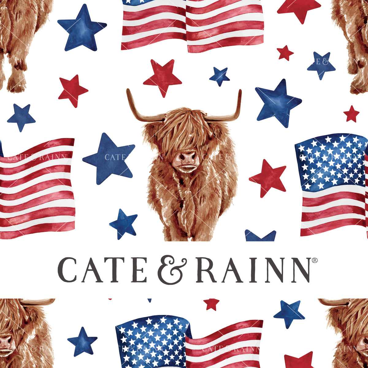 Patriotic Highland Cow USA on White Seamless Pattern | Patriotic Collection