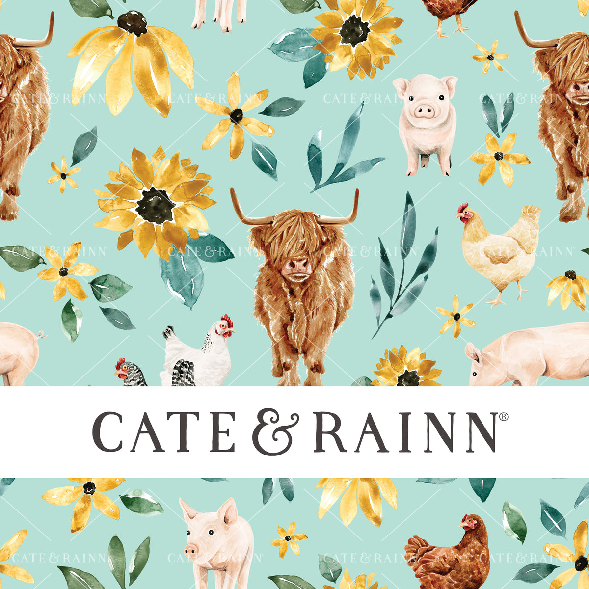 Sunflowers and Highland Cow, Farm Animals Seamless Pattern Design by Cate and Rainn