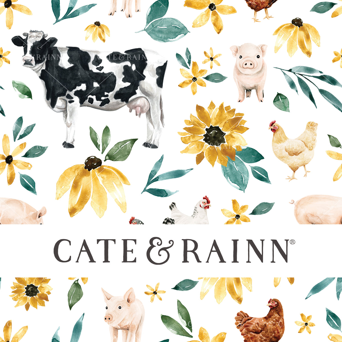 Farm Animal Floral on White Seamless Pattern | Sunflower Floral Collection