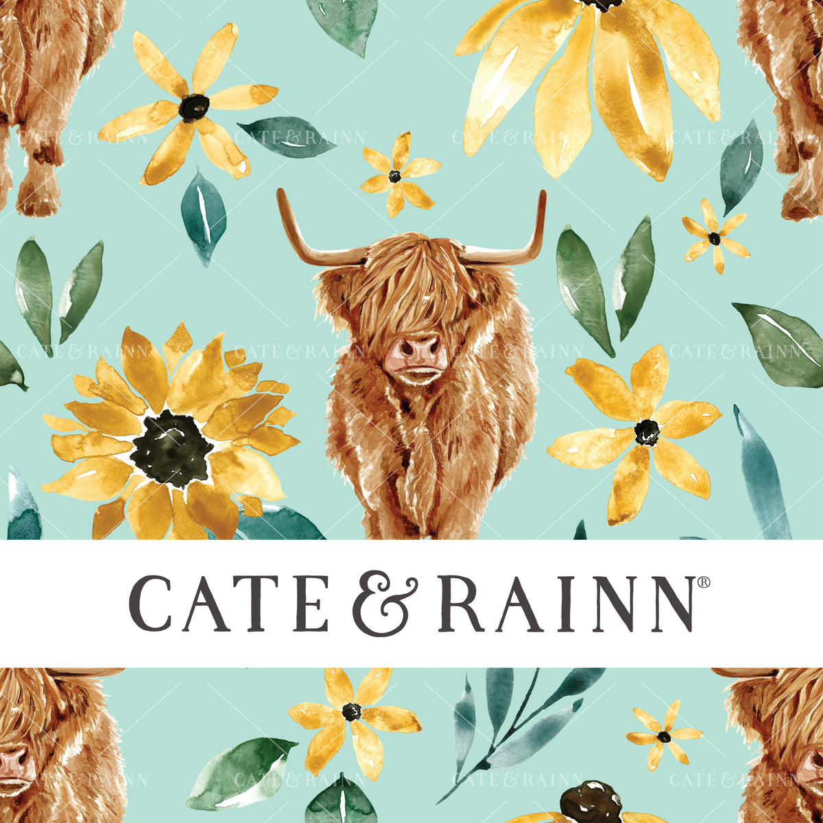 Highland Cow Sunflower Floral on Blue Seamless Pattern | Sunflower Floral Collection