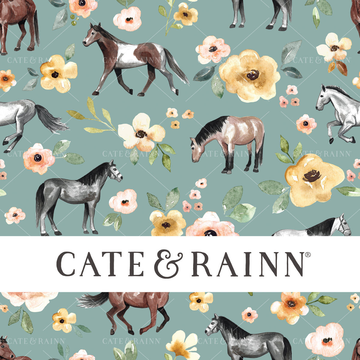 Watercolor Horses Floral Seamless Pattern | Sunrise Floral Collection