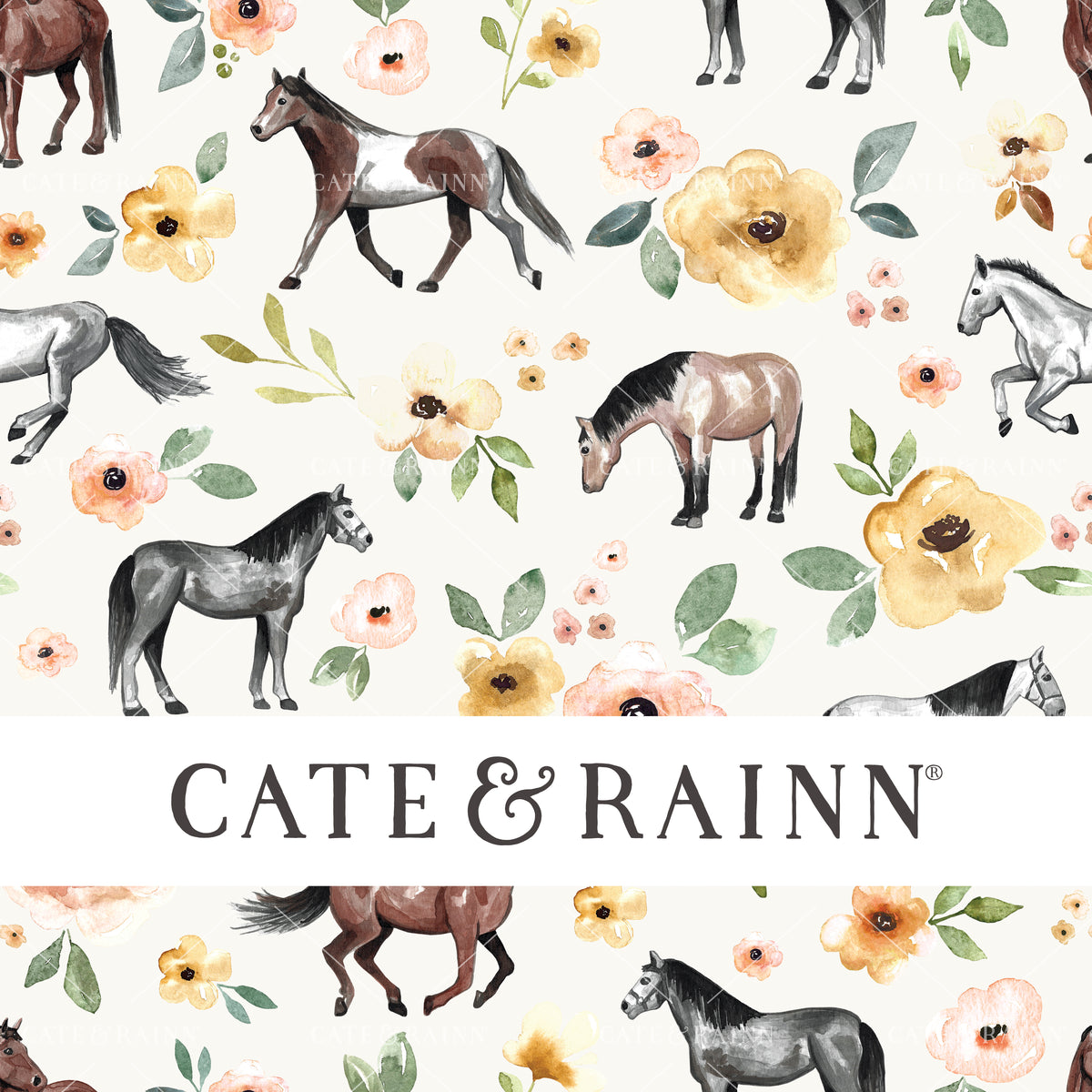 Watercolor Horses Floral Seamless Pattern | Sunrise Floral Collection
