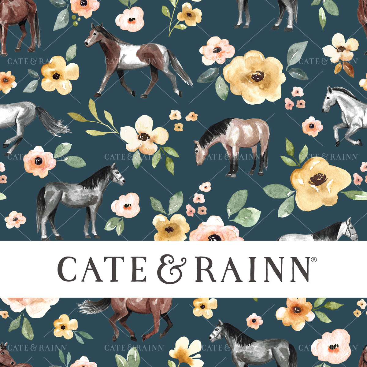 Watercolor Horses Floral Seamless Pattern | Sunrise Floral Collection