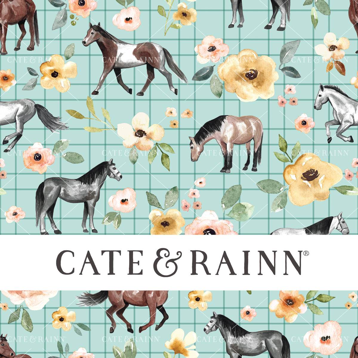 Watercolor Horses Striped Floral Seamless Pattern | Sunrise Floral Collection