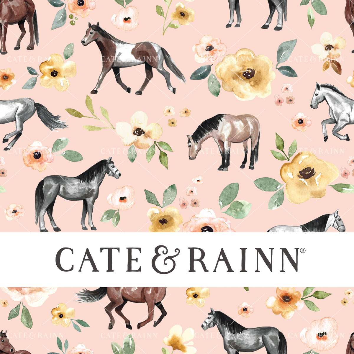 Watercolor Horses Floral Seamless Pattern | Sunrise Floral Collection