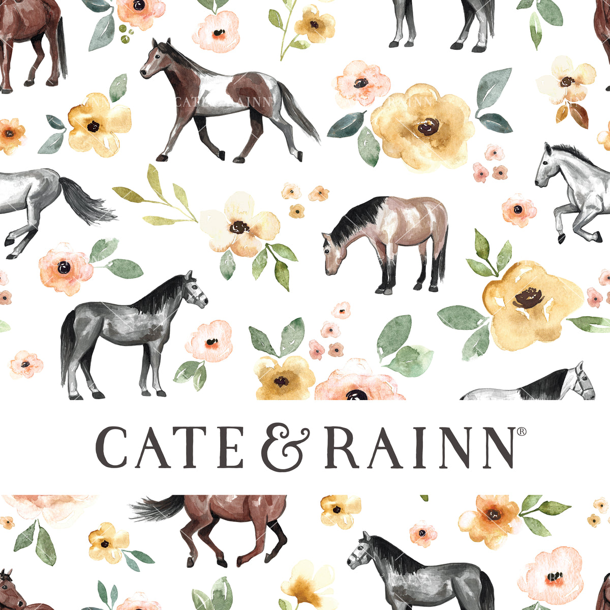 Watercolor Horses Floral Seamless Pattern | Sunrise Floral Collection