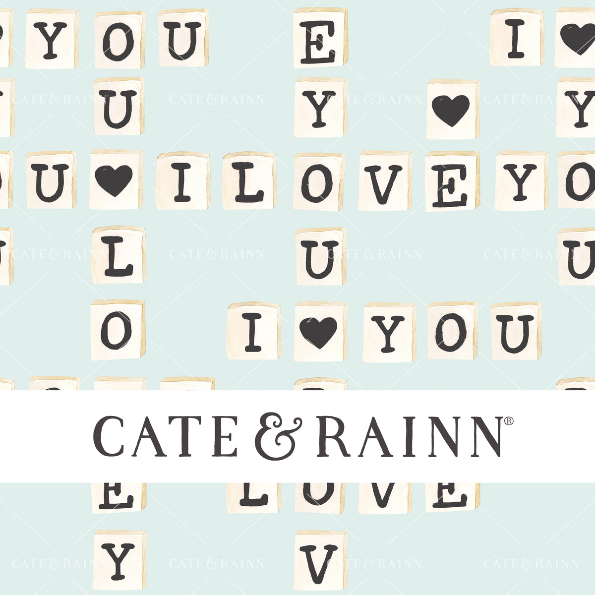 Watercolor Letter Tiles on Light Blue Seamless Pattern | Valentines Collection