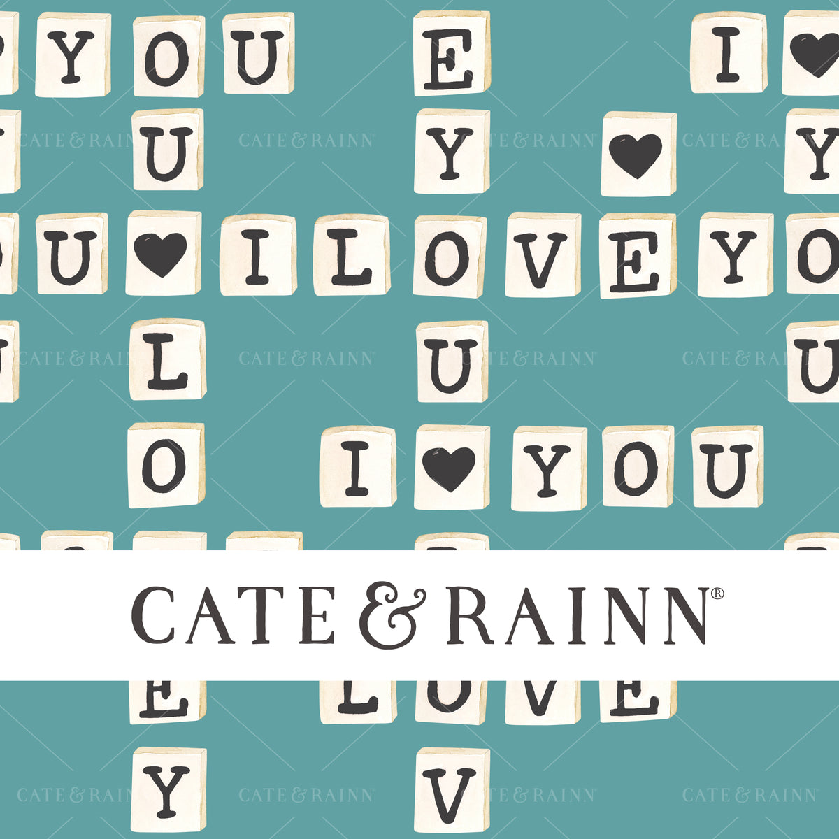 Watercolor Letter Tiles on Teal Blue Seamless Pattern | Valentines Collection