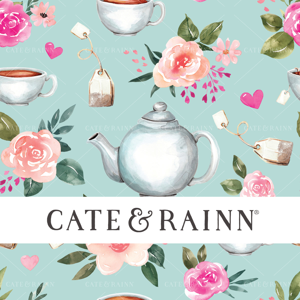 Floral Tea Set on Blue Seamless Pattern | Valentines Collection