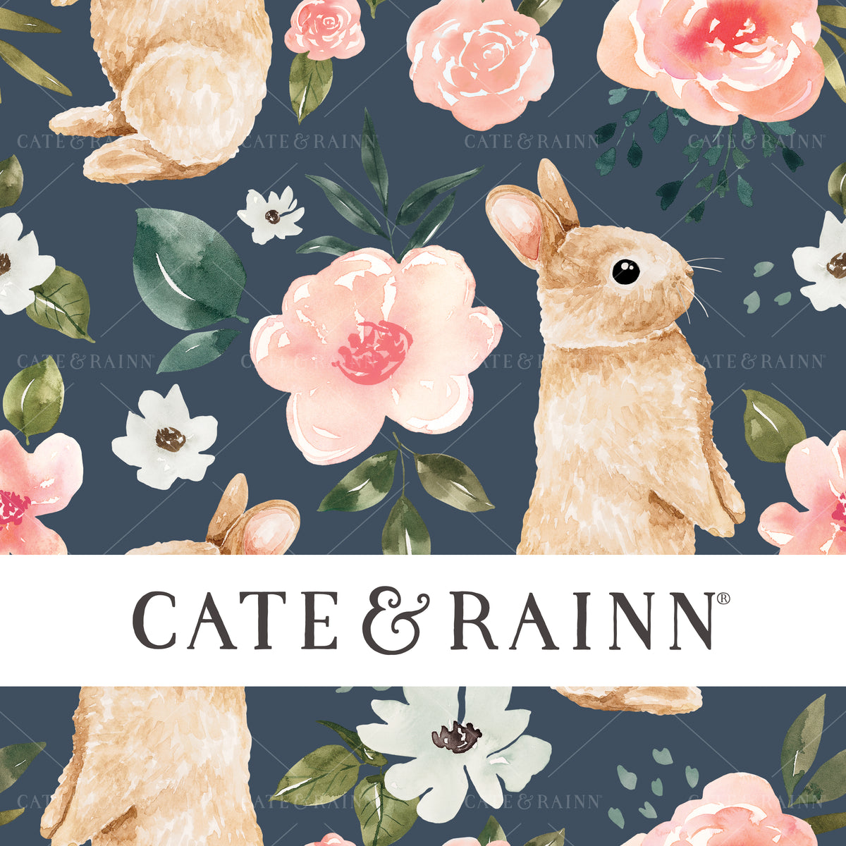 Watercolor Bunnies and Flowers Seamless Pattern Design by Cate and Rainn