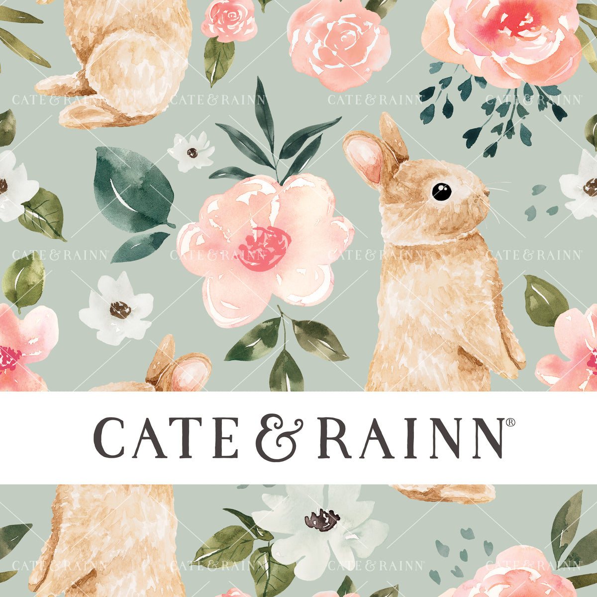 Watercolor Bunny Floral Seamless Pattern Design by Cate and Rainn