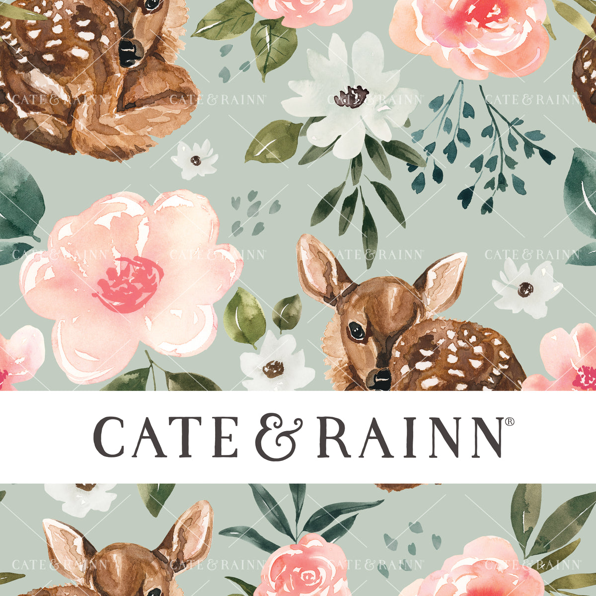 Fawn Floral on Mint Blue Seamless Pattern | Vintage Spring Collection