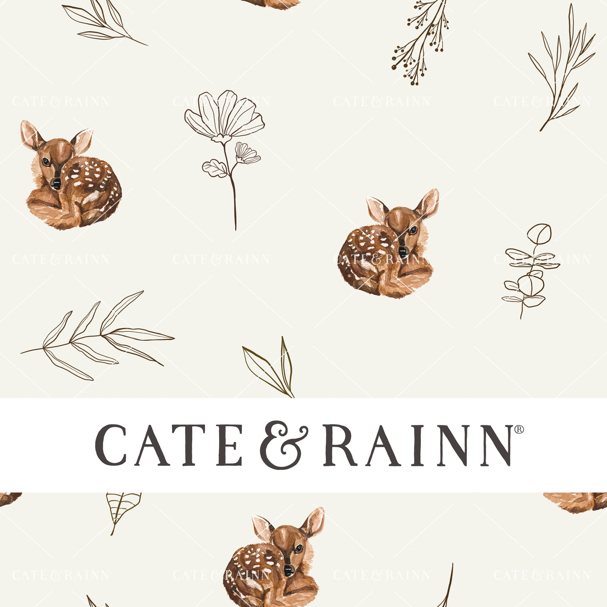 Watercolor Fawn and Sprigs on Cream Seamless Pattern | Vintage Spring Collection