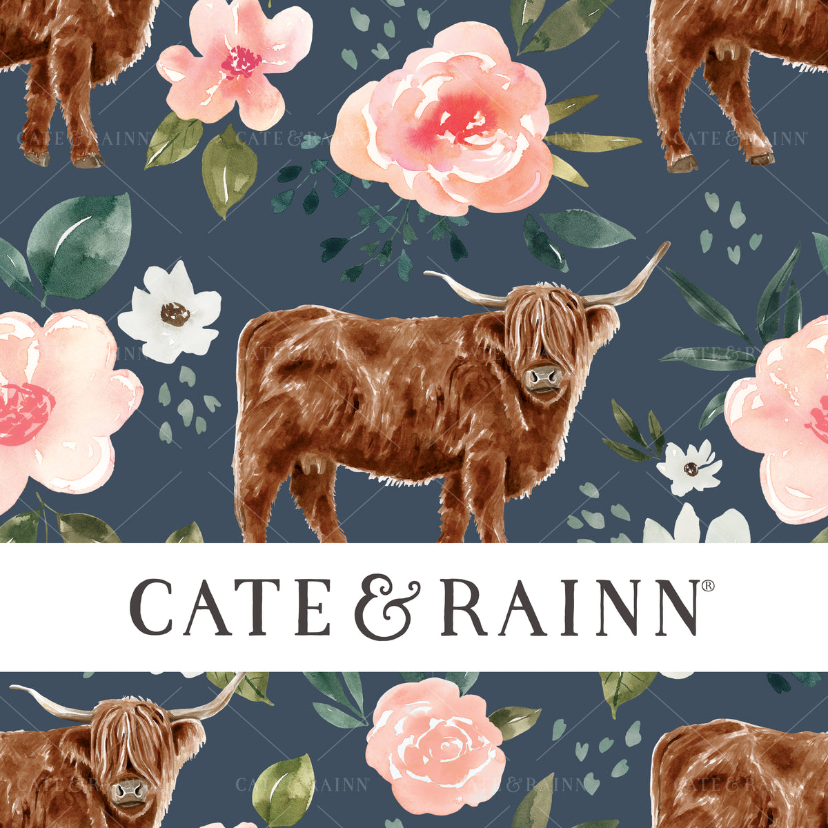 Highland Cow Floral on Dark Blue Seamless Pattern | Vintage Spring Collection
