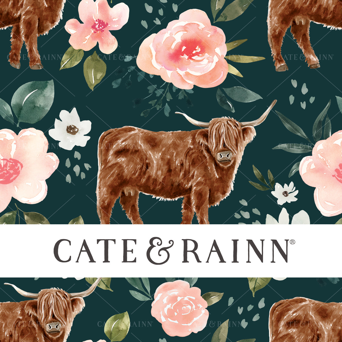Highland Cow Floral on Emerald Green Seamless Pattern | Vintage Spring Collection