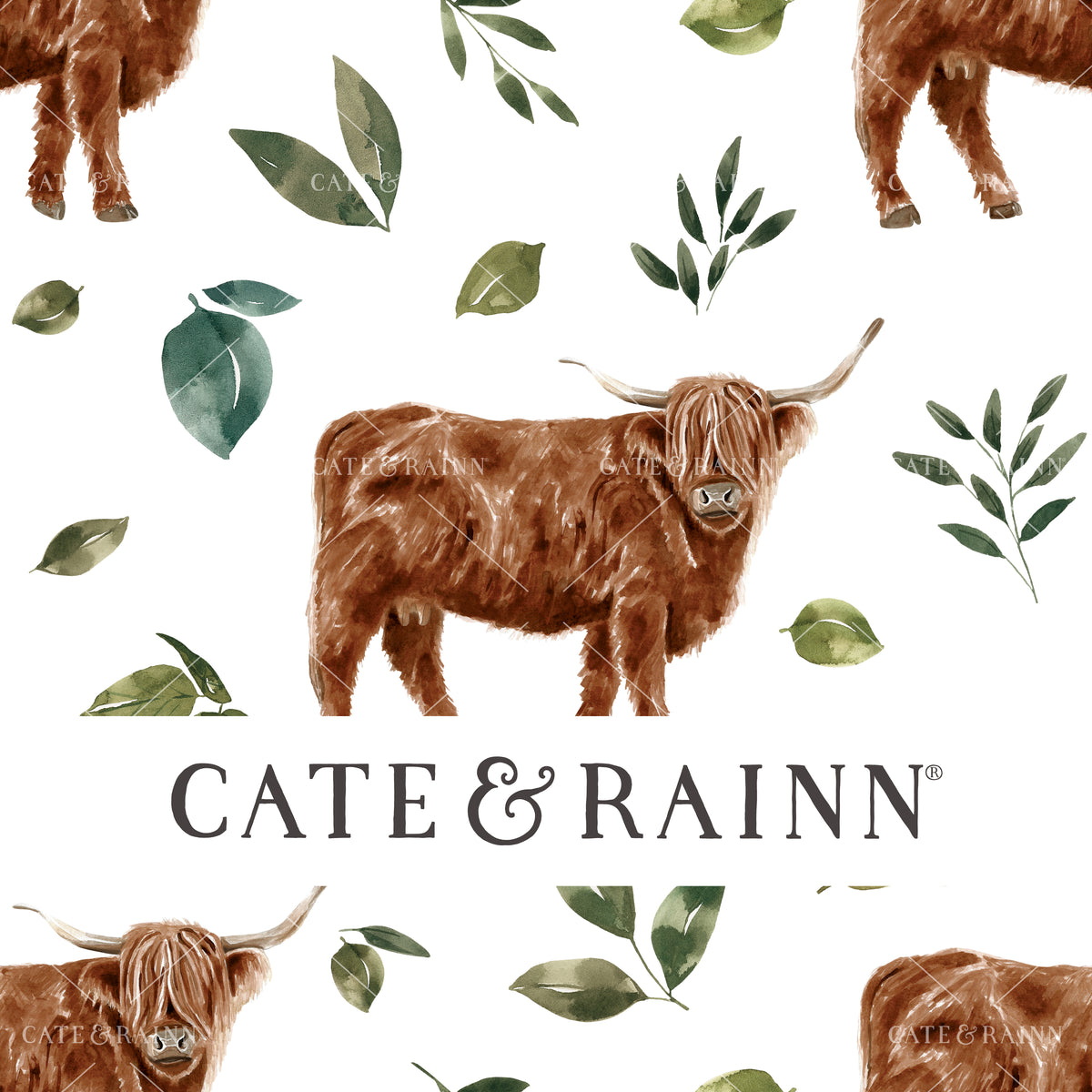 Gender Neutral Highland Cow with Leaves Seamless Design 