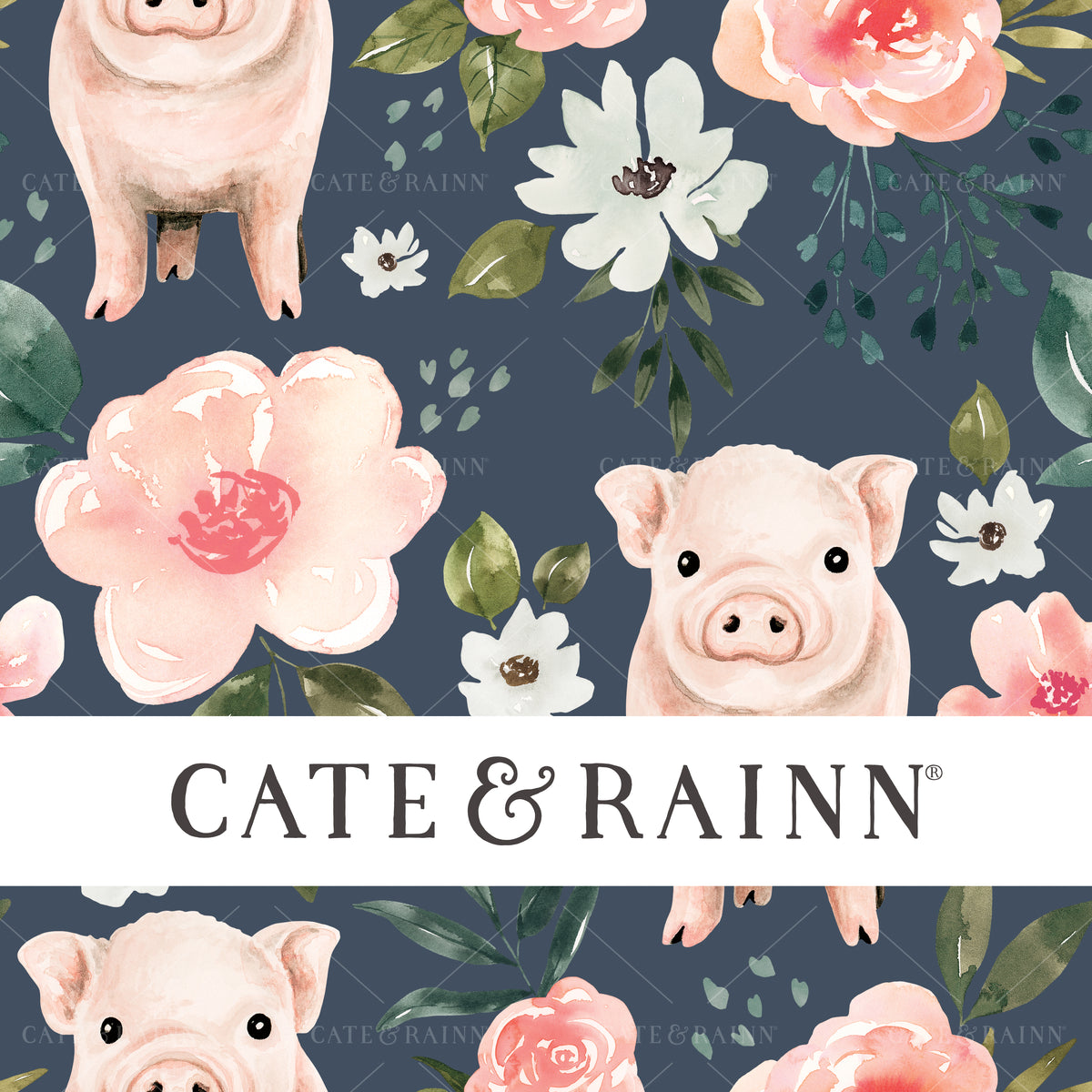 Piglet Floral on Dark Blue Seamless Pattern | Vintage Spring Collection
