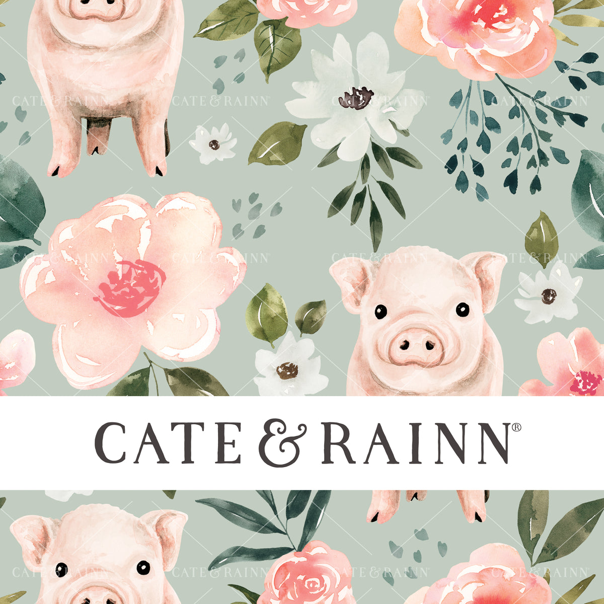 Piglet Floral on Mint Blue Seamless Pattern | Vintage Spring Collection
