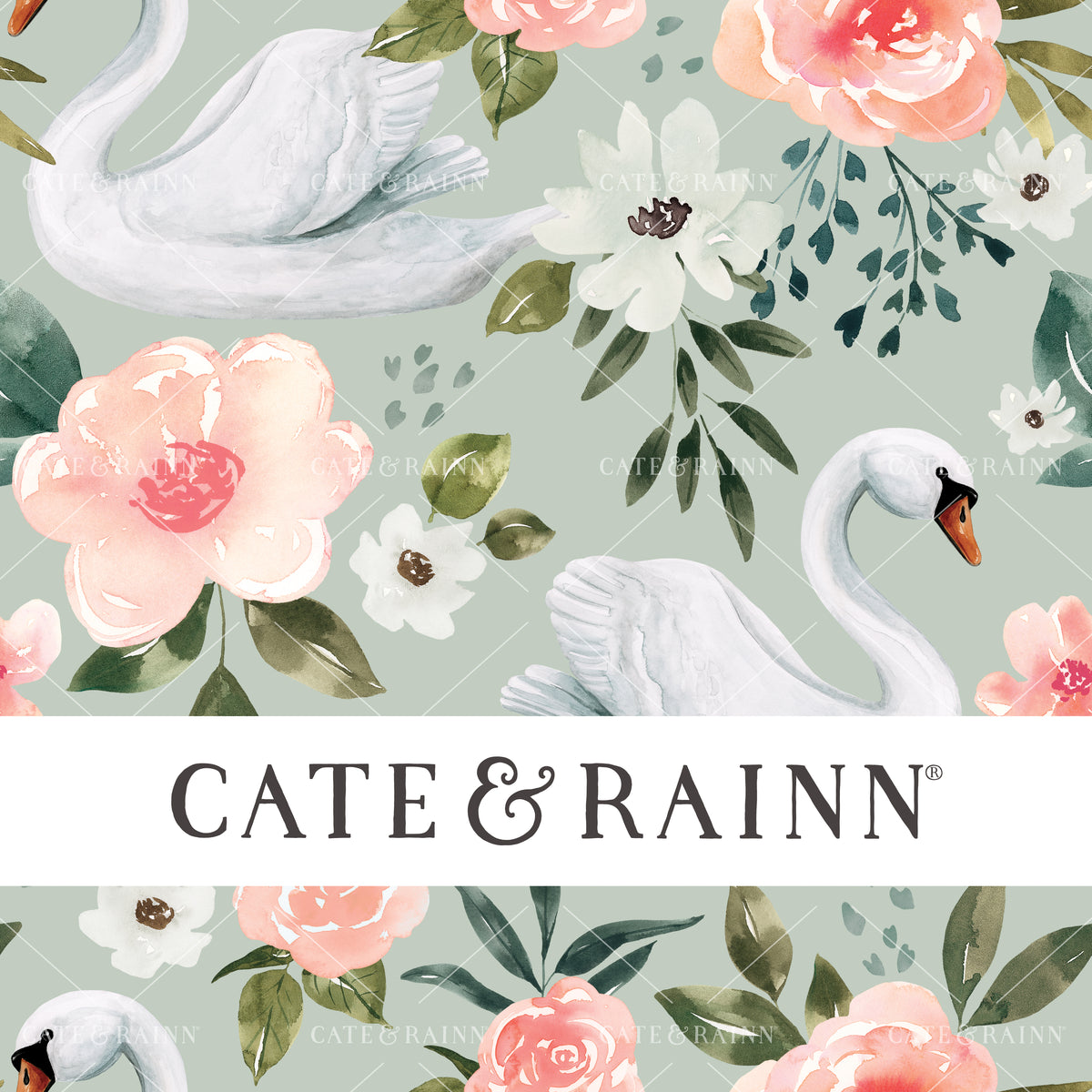 Swan Floral on Mint Blue Seamless Pattern | Vintage Spring Collection